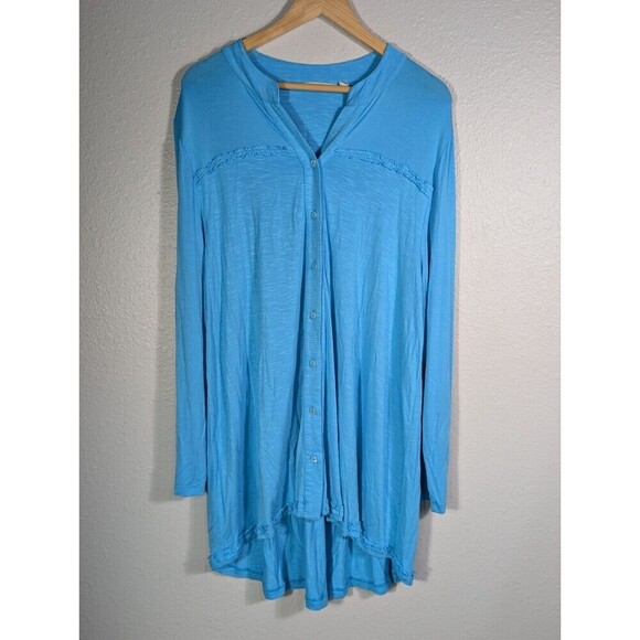 Soft Surroundings Shirt Sz L Blue Jersey Knit Ruffle Trim Button Tunic 169 - Picture 1 of 4